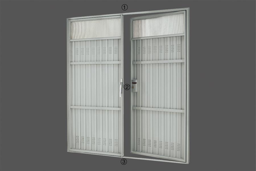 Single hinged steel door</br>1-2 locking points secondary door</br>3 Locking handle secondary door